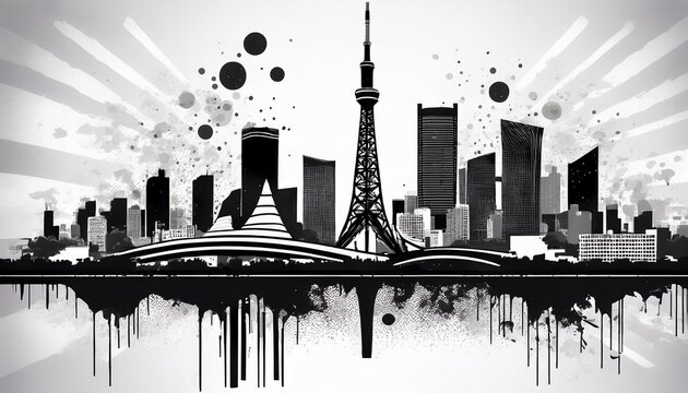 dynamic black and white of tokyo skyline with ink splatters urban energy artistic skyline tokyo japan ink - Powered by Adobe