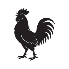 A Black Silhouette of a Proud Rooster Crowing with its Beak Open Standing Tall Against a White Background With Confidence