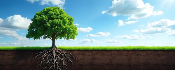 Solitary tree displays exposed roots within dark soil against bright blue sky with fluffy white clouds. Green grass covers ground above visible root system. Nature, growth, earth science themes
