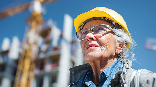 confident mature engineer wearing safety helmet smiling proudly at construction project representing experienced workforce diversity