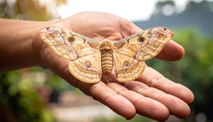 Large moth held in a hand