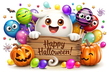 Obraz premium Cute halloween ghost character with pumpkins and colorful balloons