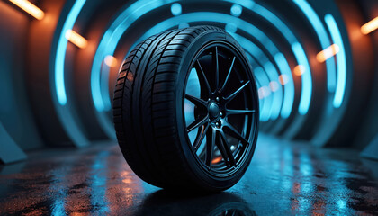 Black car tire with sporty rims and tread pattern. Shiny, high-contrast wheel against dark blue, neon-lit tunnel background with light rays. Modern auto, high-performance vehicle concept.