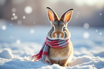 Cute bunny wearing a scarf in the snow during winter