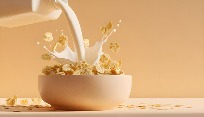 Carton of oat milk pours into cereal bowl with golden flakes. Soft pastel palette adds warmth to scene. Concept of breakfast, health foods, dairy alternatives