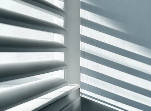 White louvered window shutters, sunlit shadows