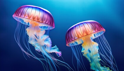 two iridescent jellyfish swim gracefully with their translucent bells and colorful tentacles isolated against a stark white background in the deep blue ocean