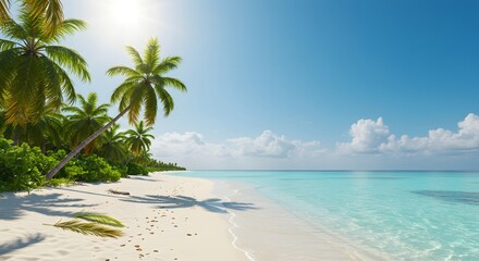 Fototapeta premium Tropical beach paradise with palm trees white sand and turquoise water under a clear blue sky is visible
