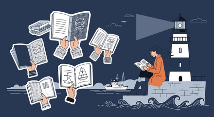 Whimsical nautical illustration featuring a woman reading by a lighthouse and books