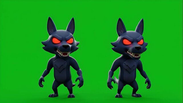 Cartoon Demon Jackals Guarding Green Screen - Two menacing cartoon jackals with glowing red eyes stand guard against a bright green chroma key background.