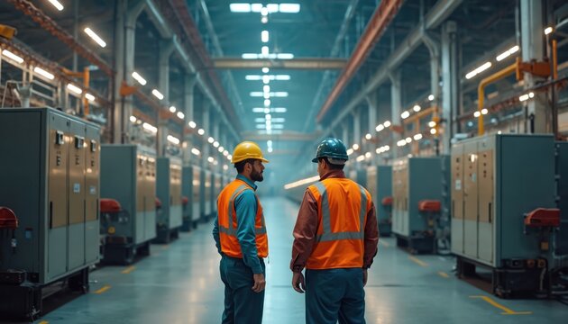Project managers discuss high-voltage electrical system installation in manufacturing plant. Teamwork, engineering, safety protocols key during production setup. Industrial facility operations