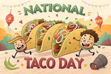 Fototapeta premium National Taco Day Banner – Playful Cartoon Tacos, Happy Characters, Cityscape & Festive Flags