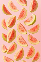 Fresh free falling guava fruit slices on pastel background tropical pink pulp pattern creative design ideal for juice smoothie jam dessert product packaging food design and healthy lifestyle concepts