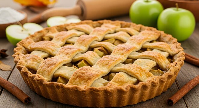 A close up of a lattice topped apple pie with apples and cinnamon sticks on a wooden surface top