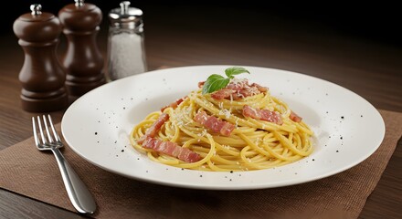 Plate of spaghetti carbonara with basil and bacon on a table with salt and pepper shakers