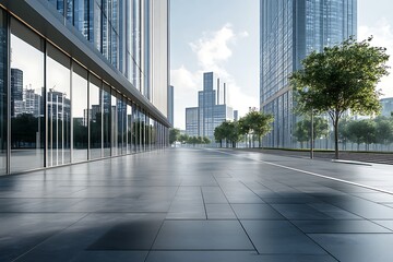 Fototapeta premium Modern architecture reflecting cityscape view with glass building facade & tile ground