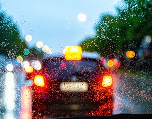 Rainy Day Driving: View of Taillights with Bokeh Effect