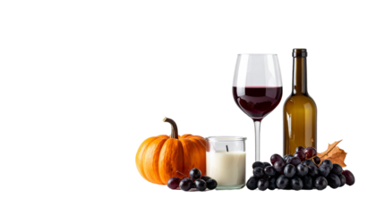 Red wine, grapes, pumpkin, and candle creating cozy autumn still life on transparent background