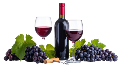 Red wine bottle and glasses with grapes on transparent background