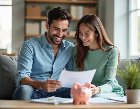 Happy couple sits at home table, discussing financial plans and smiling. They review documents, showing partnership, teamwork, and shared goals for future wealth and savings.
