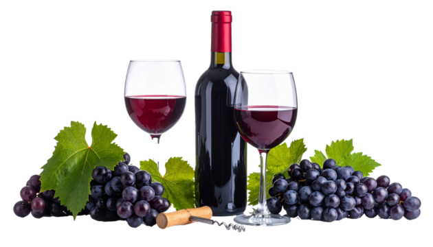 Red wine bottle and glasses with grapes on transparent background