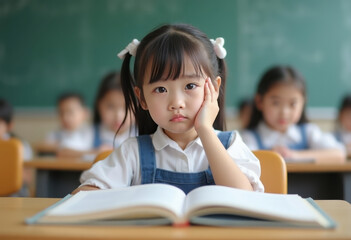 frustrated asian schoolgirl studying at a desk in a modern classroom looking stressed with hand on head and books scattered, concept of education pressure, student counseling, online tutoring