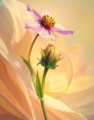 Fototapeta premium Delicate pink cosmos flower and bud, bathed in soft, warm light, gracefully positioned against a backdrop of flowing peach-toned petals.
