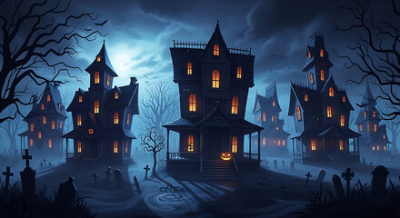 Spooky haunted houses illuminated on a dark, foggy Halloween night with glowing windows and ominous shadows.