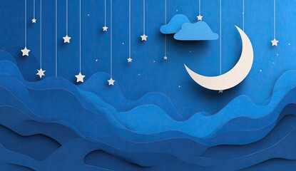 Paper cut night sky, stars, moon, clouds