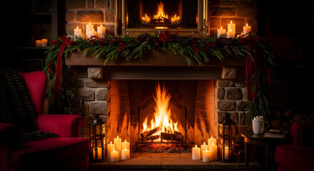 Cozy fireplace scene with burning fire, candles, and comfortable armchair decoration