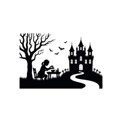 Silhouette of girl at table with potion near haunted castle and bats halloween