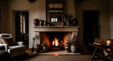 Cozy Fireside Scene Depicting A Warm And Inviting Interior With Tranquility