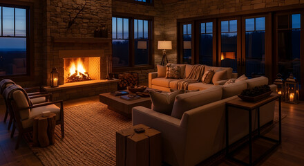 Cozy Fireside Retreat: Evening Ambiance of a Stone-Walled Living Room