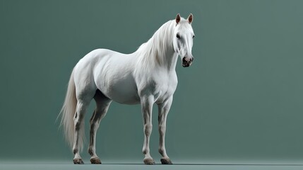 Majestic white horse standing in profile view on green background, showing full body length with flowing mane and tail. Isolated studio shot suitable for commercial design.