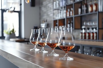 Four glasses of aged cognac or brandy lined up on wooden bar counter with blurred bottles and shelves in background, professional tasting setup in luxury bar.