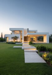 Fototapeta premium Modern, minimalist house at twilight, with light steps