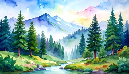 Watercolor painted landscape, a scenic mountain vista with a meandering stream