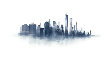 Fototapeta premium New York City Skyline with Mist, Watercolor Urban Landscape on White Background
