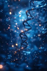 Obraz premium Glowing DNA helix structure on dark blue background with bokeh light effects and particles, representing genetic research and biotechnology advancement.