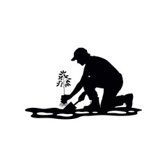 Silhouette of person planting a small tree with shovel and roots exposed seedling