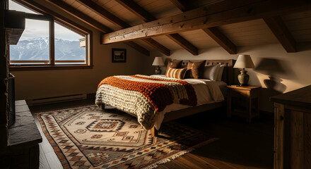 Cozy Bedroom With Mountain View, Featuring Wooden Elements and a Comfortable Bed