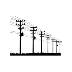 Black silhouette of telephone poles with wires and grass power line electricity