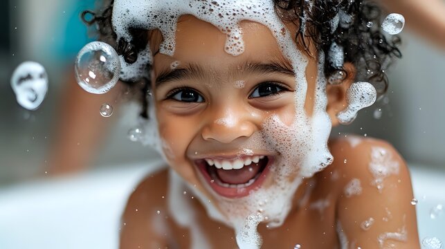 Joyful African American child laughing during bath time with soap bubbles floating around, showing genuine happiness and playful expression in intimate lifestyle moment. - Powered by Adobe