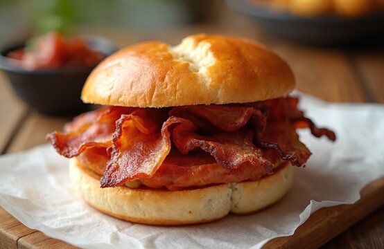 Crispy bacon strips envelop warm, soft bread roll, creating savory breakfast delight. Close-up illustration crunchy texture of bacon, fluffy interior of bun. Perfect for food blogs, menus, culinary