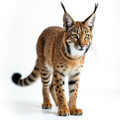 Fototapeta premium Isolated portrait, full body view. Wild feline mammal features spotted fur, tufted ears, piercing yellow eyes. Powerful predator, wildcat from nature, zoo animal.
