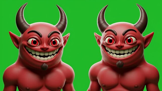 Grinning Cartoon Devils Green Screen - Two identical cartoon devils with horns grin widely against a green screen background. These 3D video characters are perfect for animation or compositing.