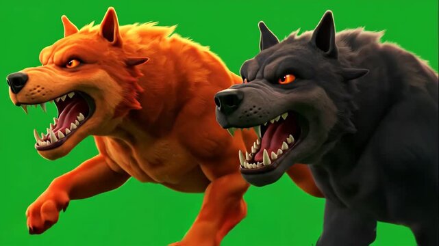 Two Cartoon Hellhounds Growling - Two animated hellhounds, one orange and one black, growl menacingly against a green screen background.