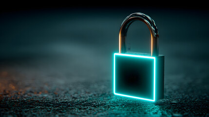 A glowing turquoise padlock on a dark surface, symboizing data security and cyer protection ideal for us in cybersecurity themes ad online privacy,