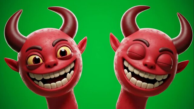 Grinning Cartoon Devils on Green Screen - Two cheerful cartoon devils with horns and big smiles are shown against a bright green chroma key background.