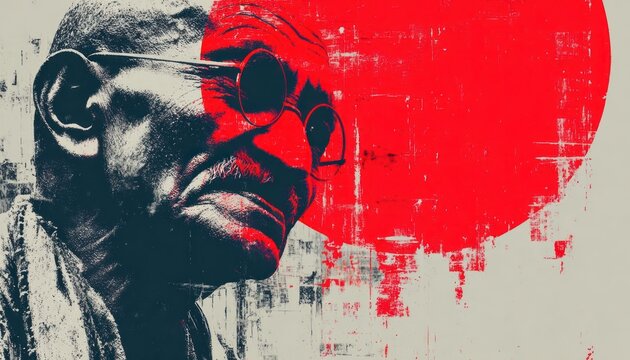 Black stone statue of Mahatma Gandhi, vector illustration with minimalist background and patriotic symbolism